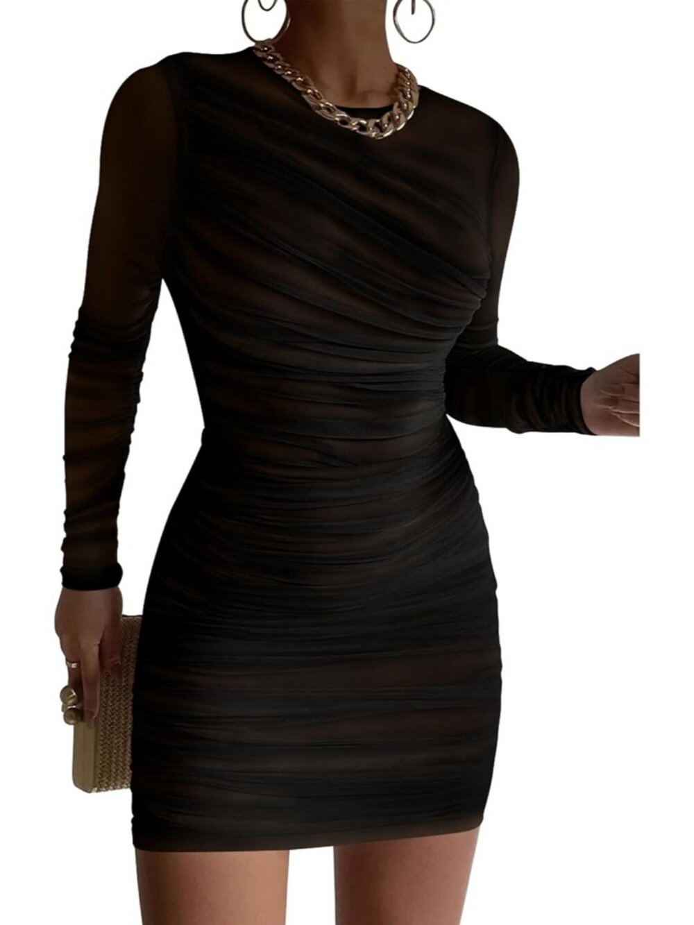 Women Mini Dress Black Crew Neck Long Sleeve Casual Ruched Bodycon Summer Soft